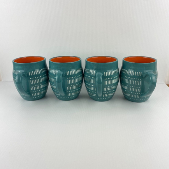 Baum Tangier Turquoise Mug Set of 4 Ceramic Coffee Cups Orange Inside 19 Oz - Picture 4 of 9